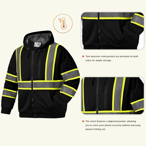 hi vis work safety hoodie for men class 3 high visibility reflective hoodie, fleece lined reflective hooded, high vis zipper jacket with black bottom, construction sweatshirts with pockets hi vis work safety hoodie for men class 3 high visibility reflective hoodie, fleece lined reflective hooded, high vis zipper jacket with black bottom, construction sweatshirts with pockets