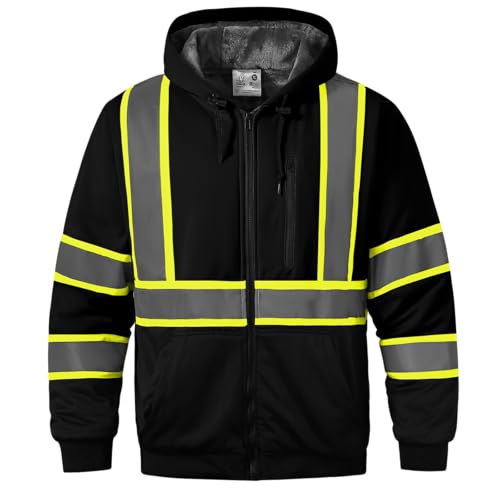 hi vis work safety hoodie for men class 3 high visibility reflective hoodie, fleece lined reflective hooded, high vis zipper jacket with black bottom, construction sweatshirts with pockets hi vis work safety hoodie for men class 3 high visibility reflective hoodie, fleece lined reflective hooded, high vis zipper jacket with black bottom, construction sweatshirts with pockets