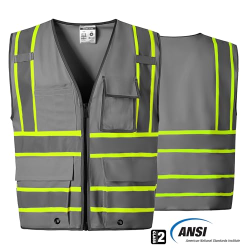 10 pockets safety vest, class 2 high visibility security with zipper, hi vis vest with reflective strips, ansi/isea standard, construction work vest for men & women (grey,l) 10 pockets safety vest, class 2 high visibility security with zipper, hi vis vest with reflective strips, ansi/isea standard, construction work vest for men & women (grey,l)