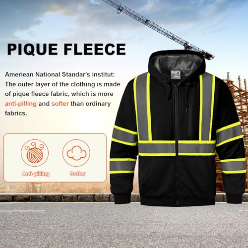 hi vis work safety hoodie for men class 3 high visibility reflective hoodie, fleece lined reflective hooded, high vis zipper jacket with black bottom, construction sweatshirts with pockets hi vis work safety hoodie for men class 3 high visibility reflective hoodie, fleece lined reflective hooded, high vis zipper jacket with black bottom, construction sweatshirts with pockets